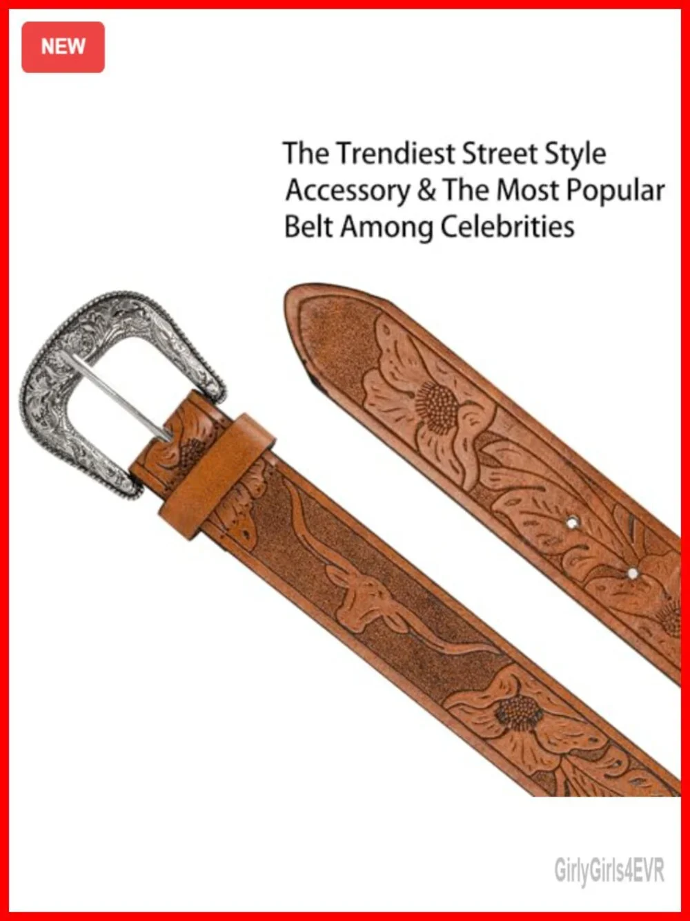 Vintage Western PU Leather Belt Engraved Buckle Adjustable Waist 28-38, Cowgirl